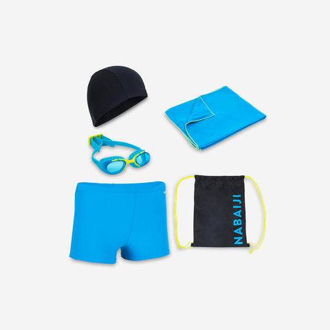 





Kit Natación Niño Nabaiji con gorro, gafas, bañador, toalla y bolsa, Azul/Negro